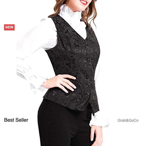 Vintage Steampunk Jacquard Waistcoat Vest Sleeveless Button Up Elegant Chic - Picture 4 of 6